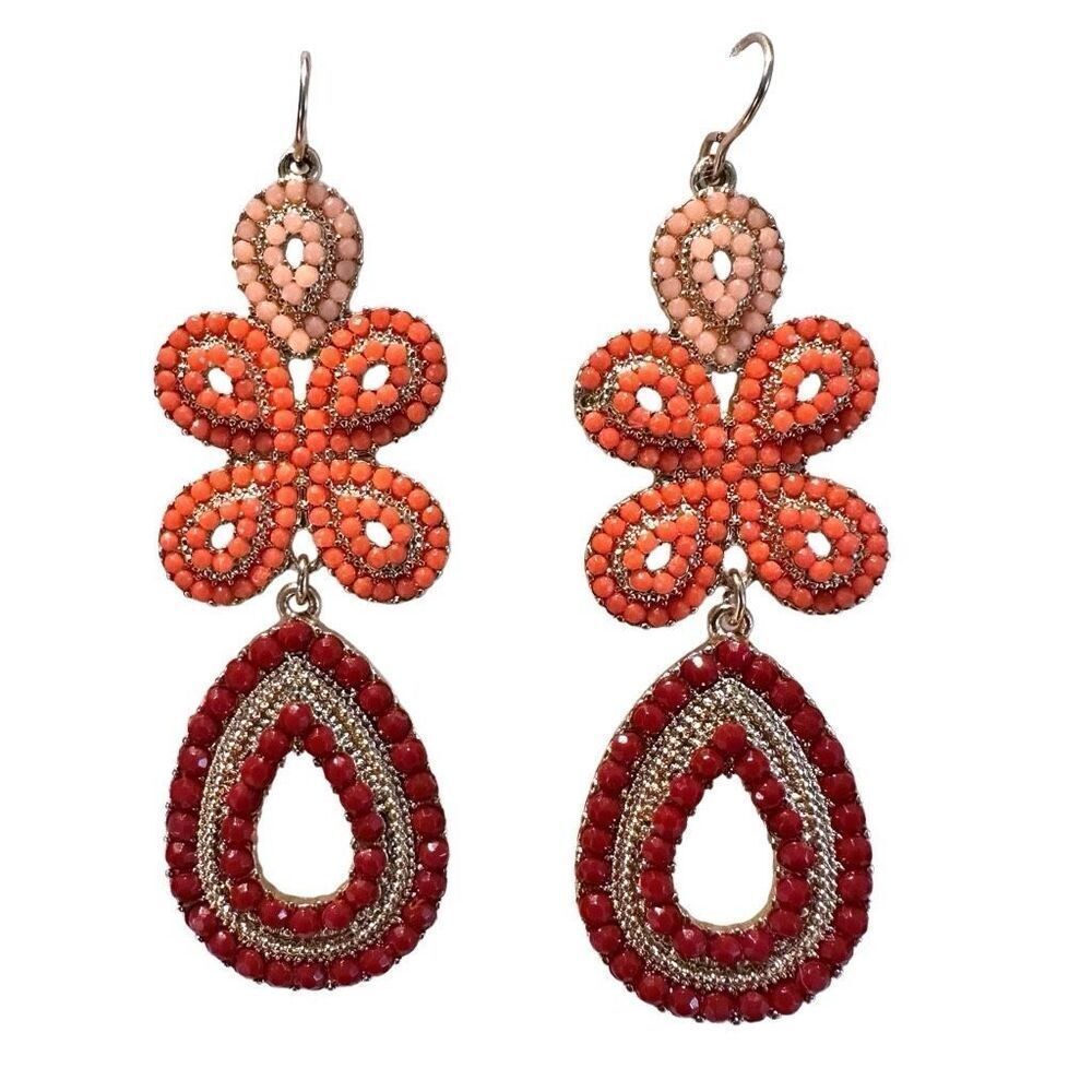 Stella & Dot Acrylic Bead Capri Chandelier Teardrop Hoop Earrings Red Coral